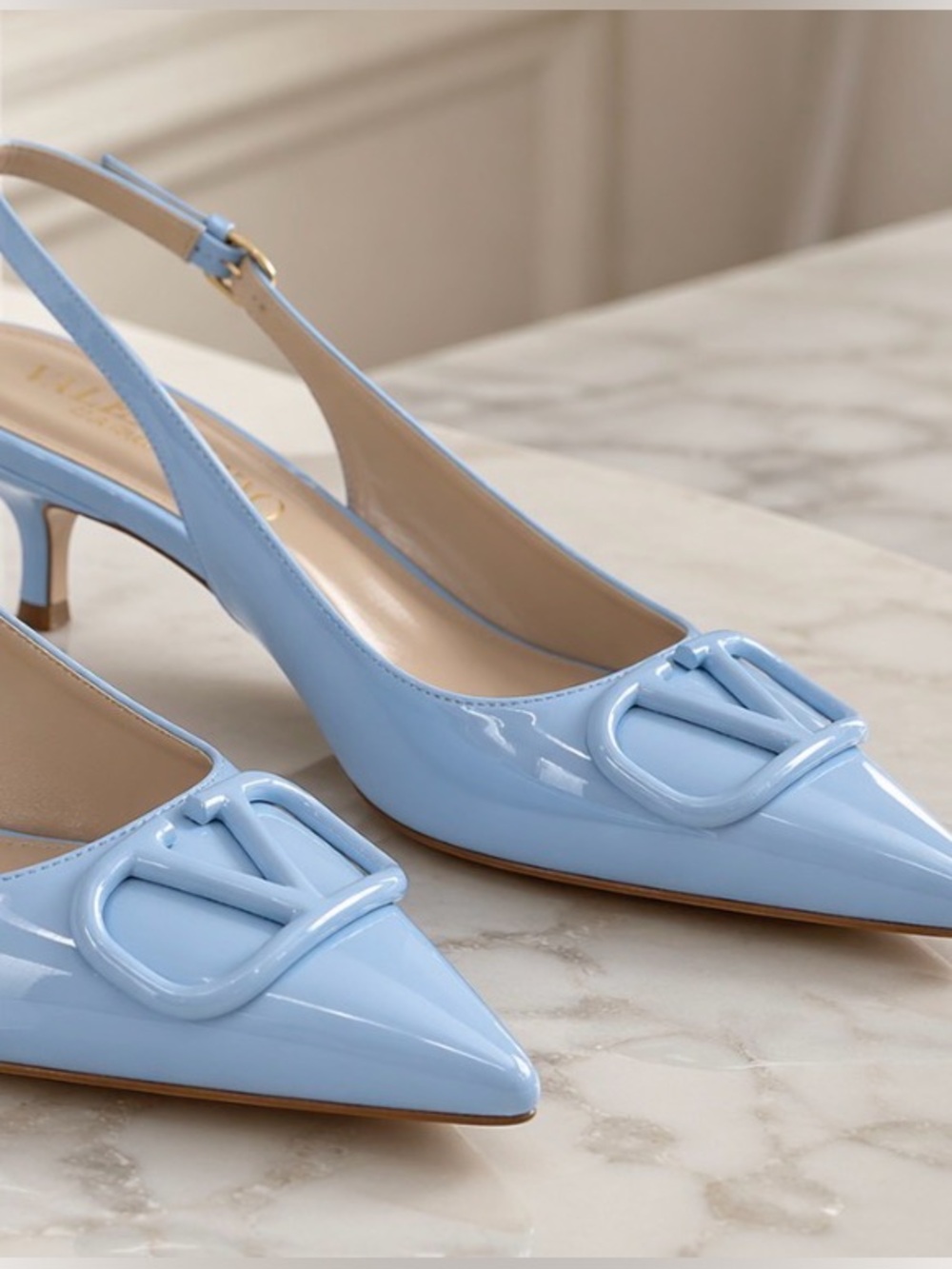 Slingback Pointed-Toe Patent Pumps in Light Blue